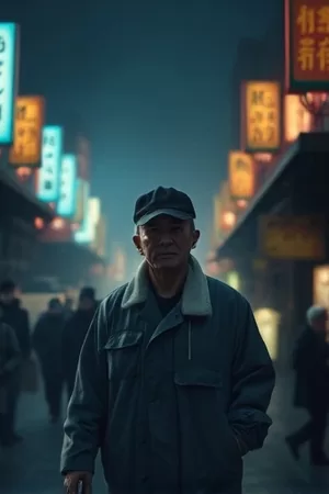 旧唱片店封面，沿街唱片店的木质货架与排列整齐的黑胶